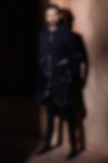Navy Blue Suiting Textured Groom Sherwani Set by VAROIN MARWAH at Pernia's Pop Up Shop