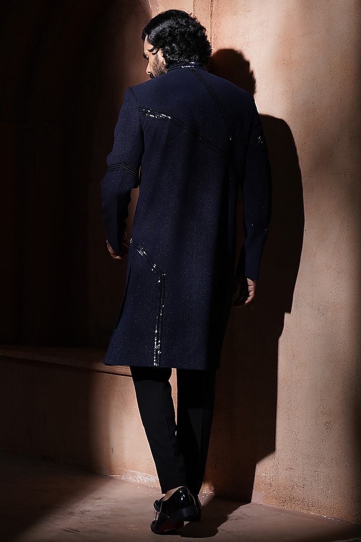 Navy Blue Suiting Textured Groom Sherwani Set by VAROIN MARWAH at Pernia's Pop Up Shop