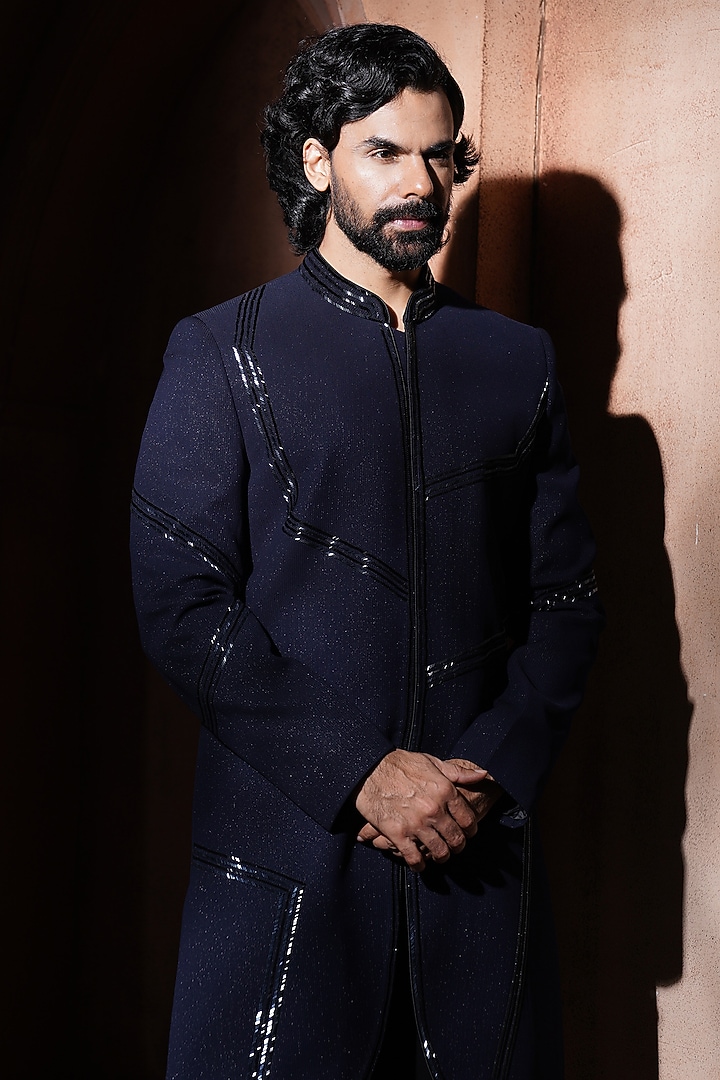 Navy Blue Suiting Textured Groom Sherwani Set by VAROIN MARWAH at Pernia's Pop Up Shop