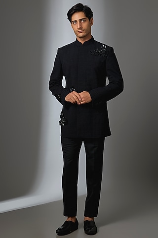 Black Silk Bandhgala Jacket Set by VAROIN MARWAH