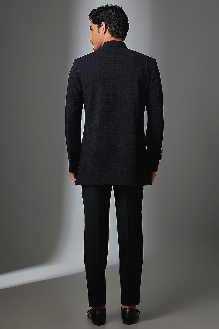 Black Silk Groom Bandhgala Jacket Set by VAROIN MARWAH at Pernia's Pop Up Shop