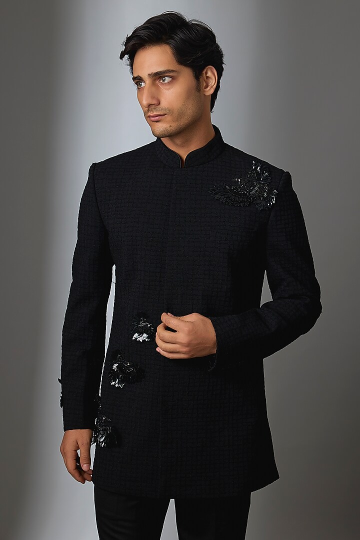 Black Silk Groom Bandhgala Jacket Set by VAROIN MARWAH at Pernia's Pop Up Shop