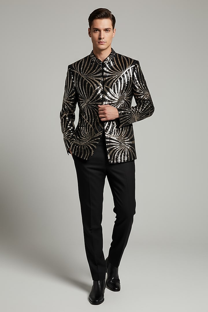 Black & Silver Silk Salli Work Groom Bandhgala Set by VAROIN MARWAH at Pernia's Pop Up Shop