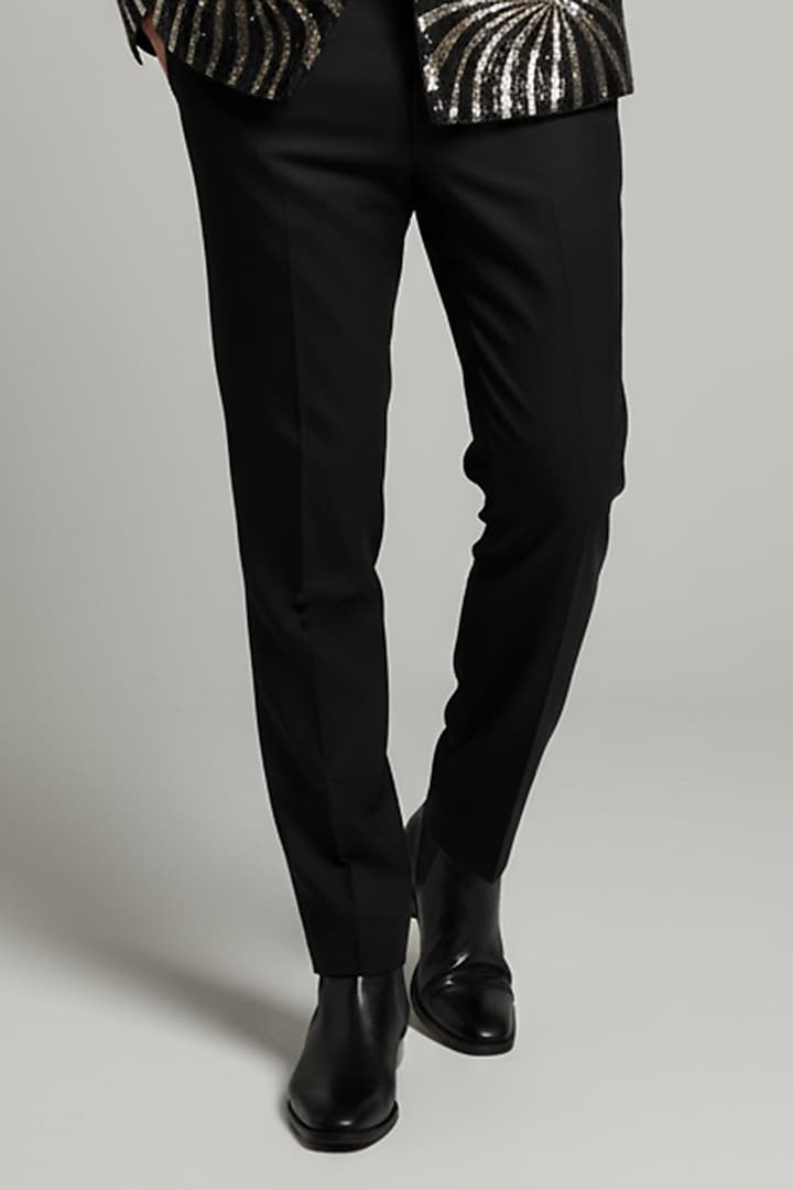 Black & Silver Silk Salli Work Groom Bandhgala Set by VAROIN MARWAH at Pernia's Pop Up Shop