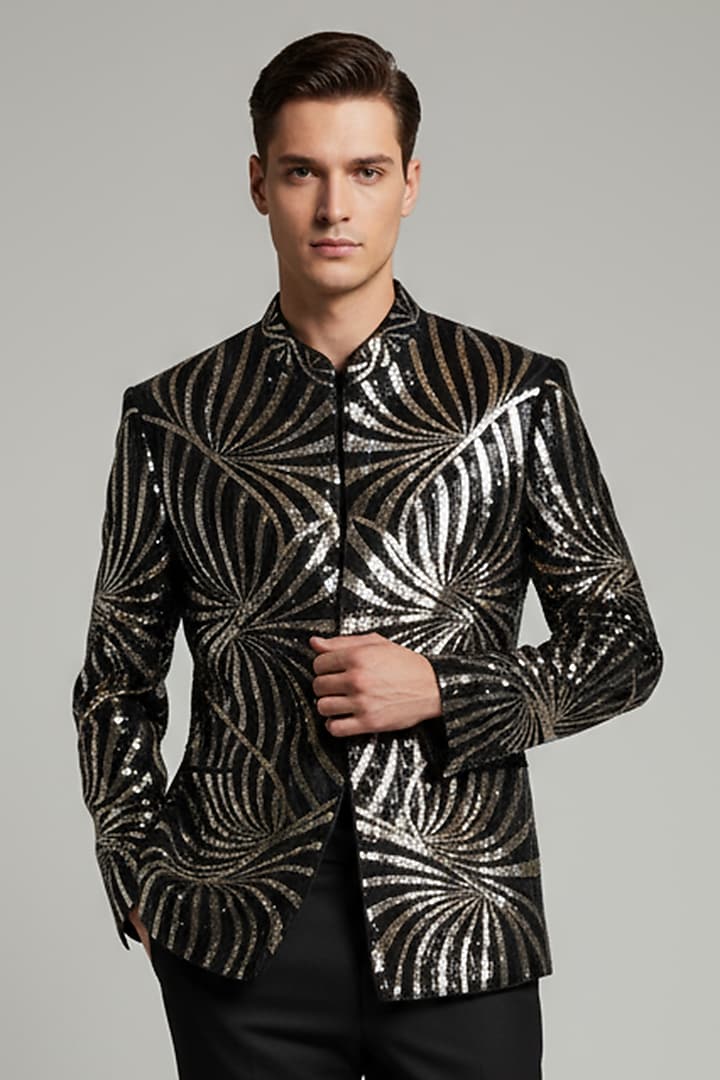 Black & Silver Silk Salli Work Groom Bandhgala Set by VAROIN MARWAH at Pernia's Pop Up Shop
