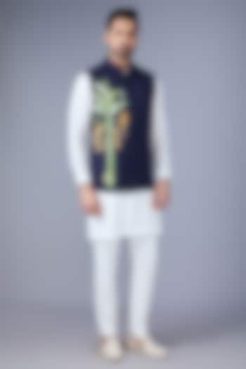 Navy Blue Suiting Banana Leaf Embroidered Nehru Jacket by VAROIN MARWAH at Pernia's Pop Up Shop