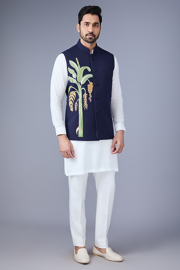 Navy Blue Suiting Banana Leaf Embroidered Nehru Jacket by VAROIN MARWAH at Pernia's Pop Up Shop