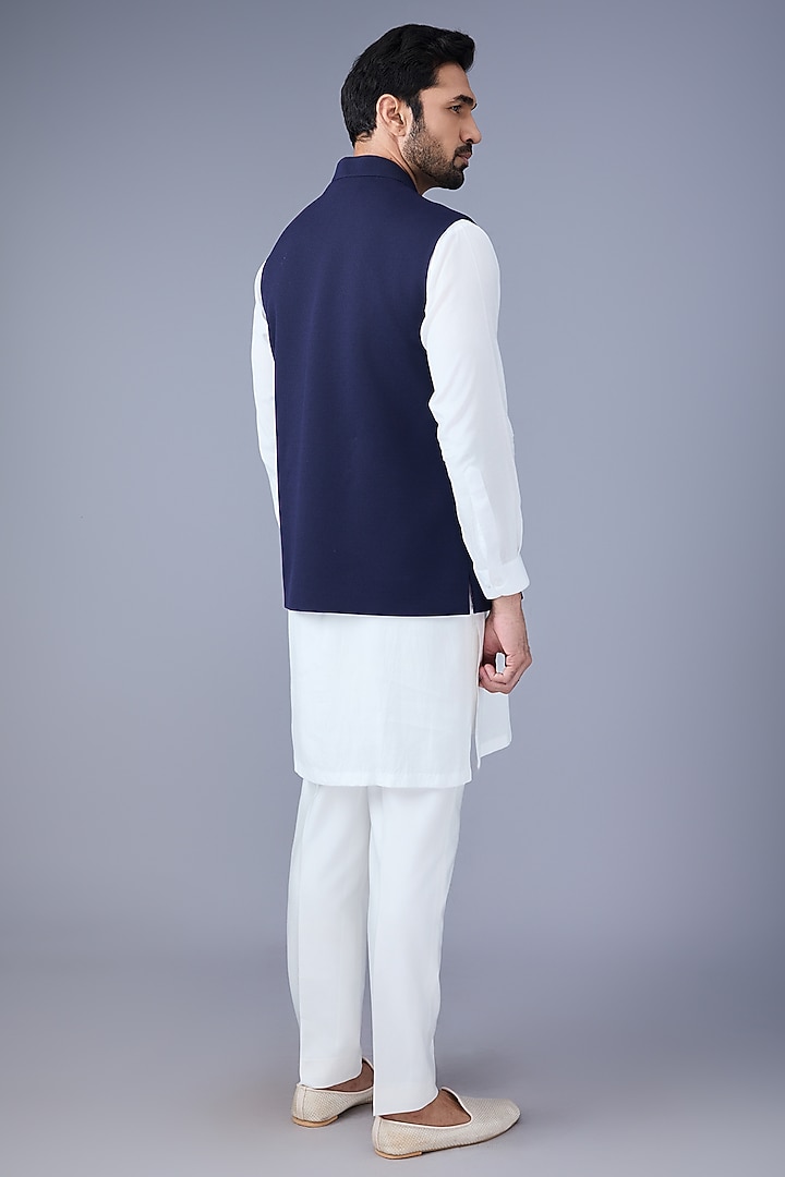 Navy Blue Suiting Banana Leaf Embroidered Nehru Jacket by VAROIN MARWAH at Pernia's Pop Up Shop