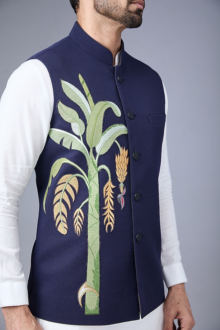 Navy Blue Suiting Banana Leaf Embroidered Nehru Jacket by VAROIN MARWAH at Pernia's Pop Up Shop