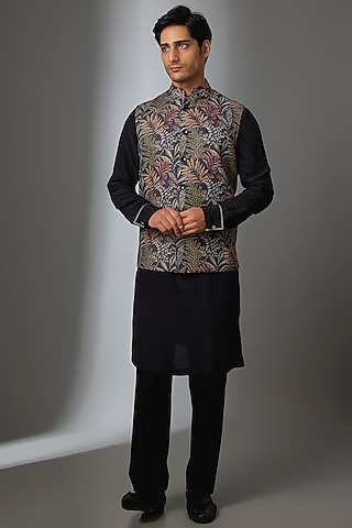 Black Silk Bundi Jacket by VAROIN MARWAH