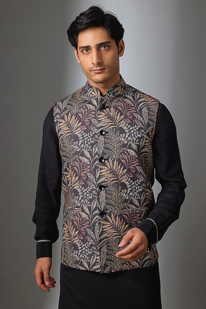 Black Silk Bundi Jacket by VAROIN MARWAH at Pernia's Pop Up Shop