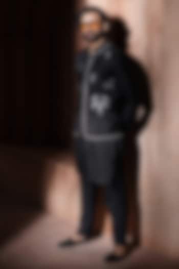 Black Silk Embroidered Nehru Jacket Set by VAROIN MARWAH at Pernia's Pop Up Shop