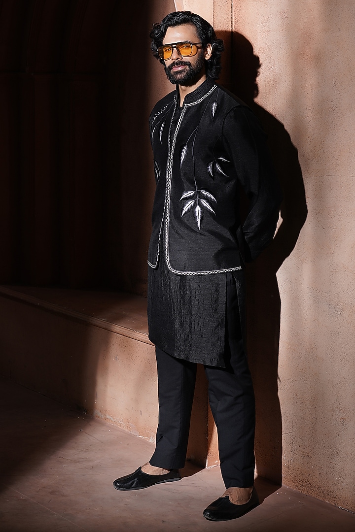 Black Silk Embroidered Nehru Jacket Set by VAROIN MARWAH at Pernia's Pop Up Shop