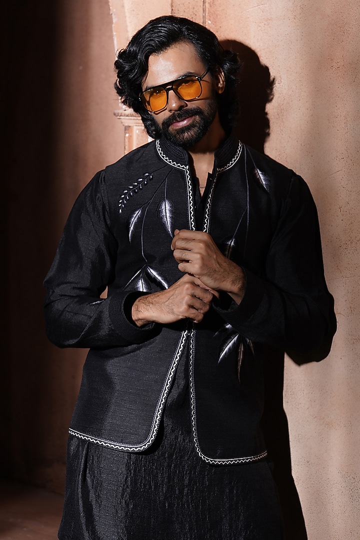 Black Silk Embroidered Nehru Jacket Set by VAROIN MARWAH at Pernia's Pop Up Shop