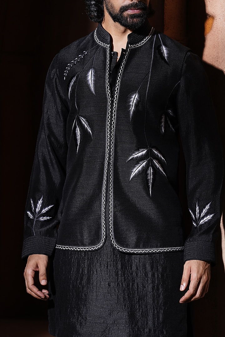 Black Silk Embroidered Nehru Jacket Set by VAROIN MARWAH at Pernia's Pop Up Shop