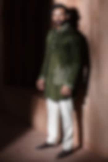 Olive Green Silk Embroidered Nehru Jacket Set by VAROIN MARWAH at Pernia's Pop Up Shop