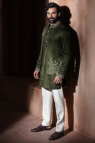 Olive Green Silk Embroidered Nehru Jacket Set by VAROIN MARWAH