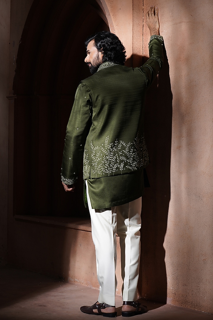 Olive Green Silk Embroidered Nehru Jacket Set by VAROIN MARWAH at Pernia's Pop Up Shop