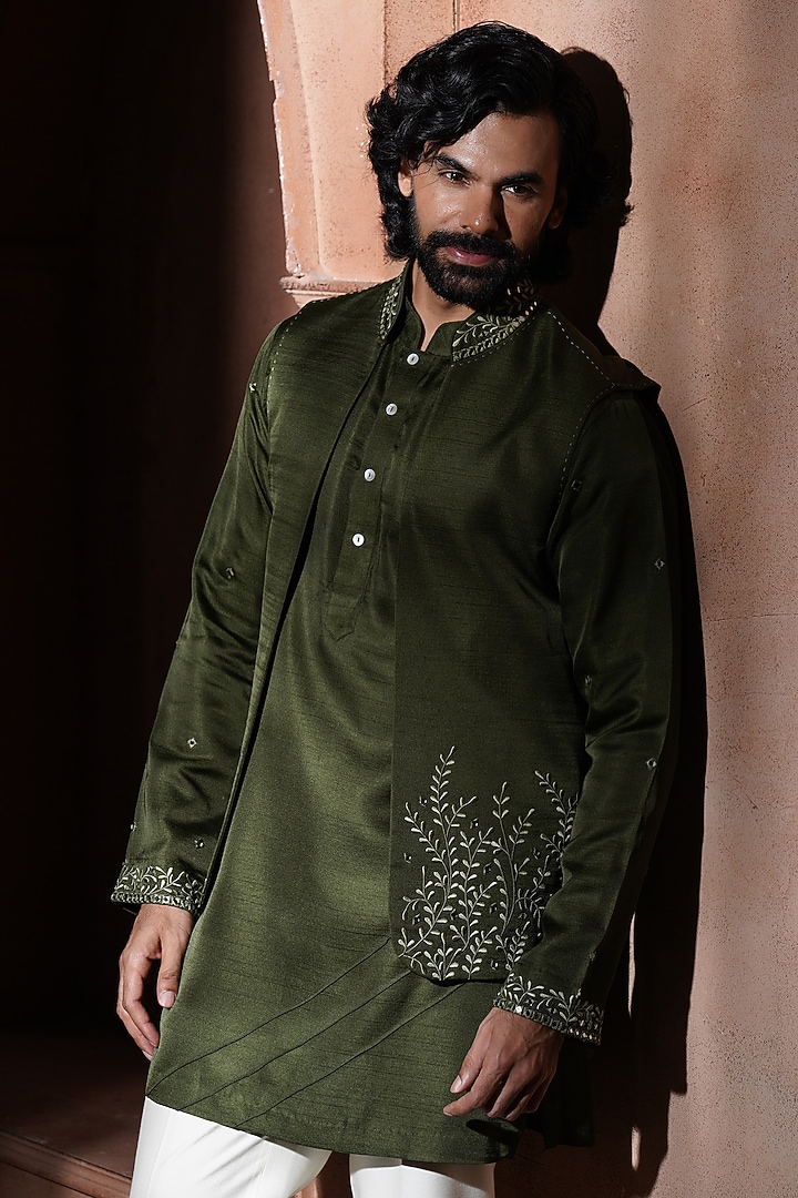 Olive Green Silk Embroidered Nehru Jacket Set by VAROIN MARWAH at Pernia's Pop Up Shop