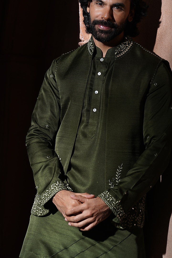 Olive Green Silk Embroidered Nehru Jacket Set by VAROIN MARWAH at Pernia's Pop Up Shop