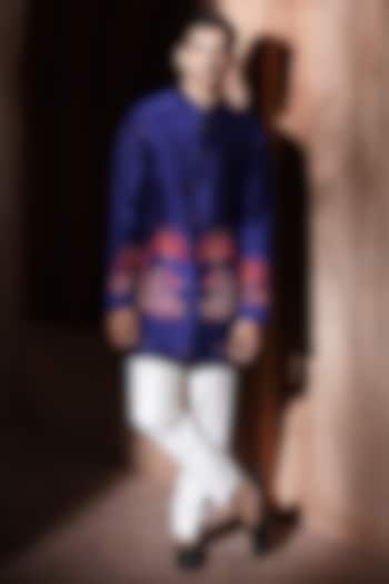 Blue & Red Silk Embroidered Nehru Jacket Set by VAROIN MARWAH at Pernia's Pop Up Shop