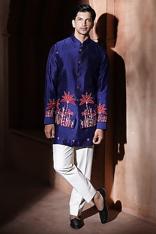 Blue & Red Silk Embroidered Nehru Jacket Set by VAROIN MARWAH