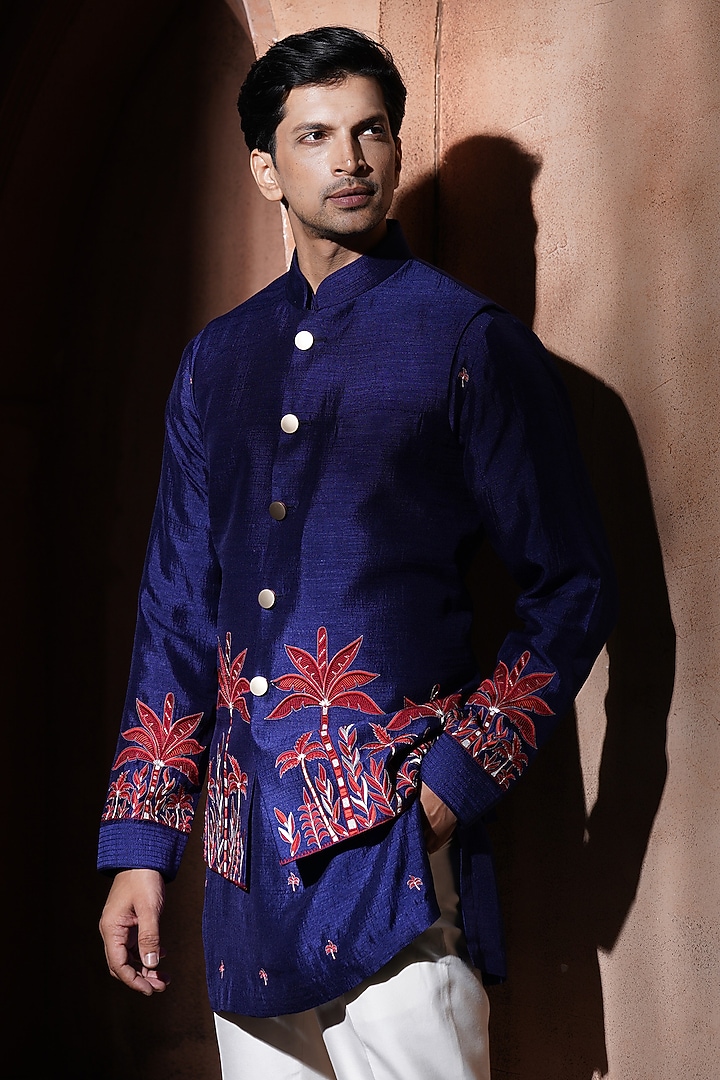 Blue & Red Silk Embroidered Nehru Jacket Set by VAROIN MARWAH at Pernia's Pop Up Shop