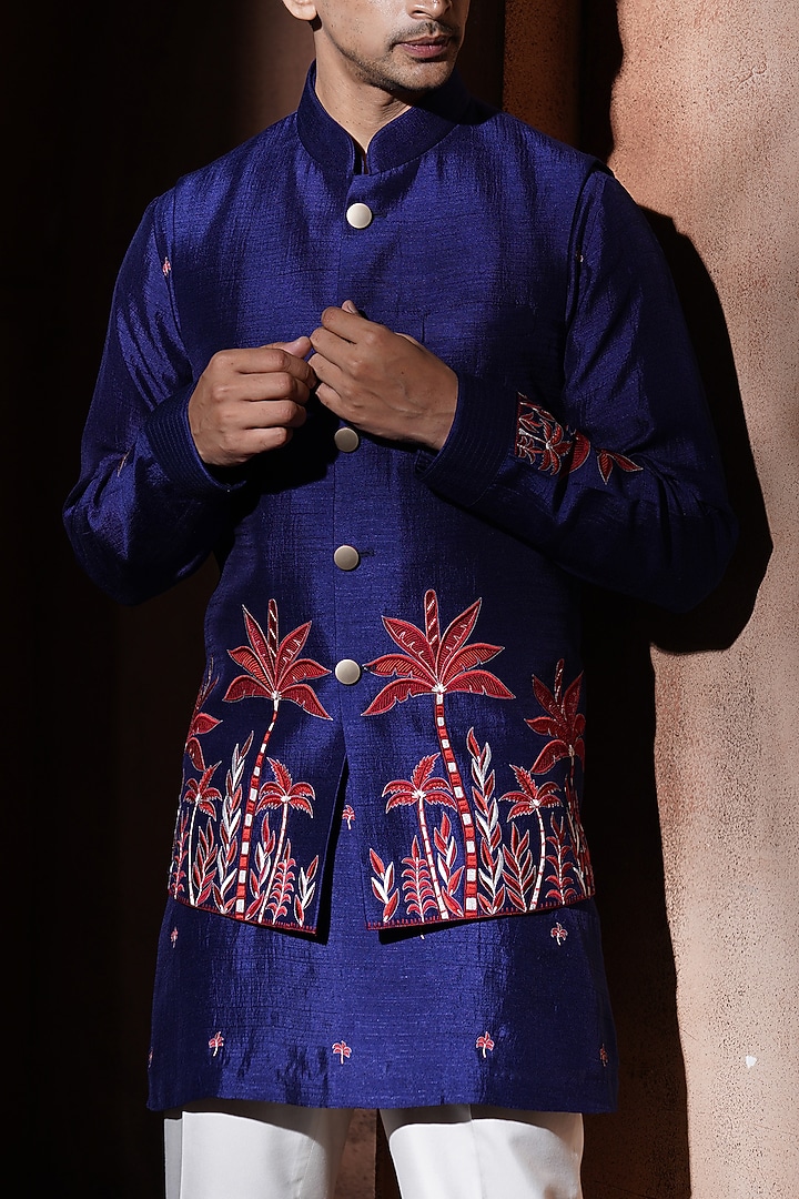 Blue & Red Silk Embroidered Nehru Jacket Set by VAROIN MARWAH at Pernia's Pop Up Shop