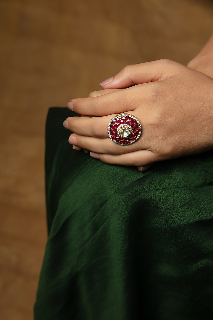 Gold Plated Moissanite & Ruby Floral Ring In Sterling Silver by Varq Jewels at Pernia's Pop Up Shop