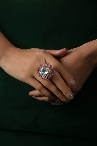 Gold Plated Moissanite Stone Floral Ring In Sterling Silver by Varq Jewels