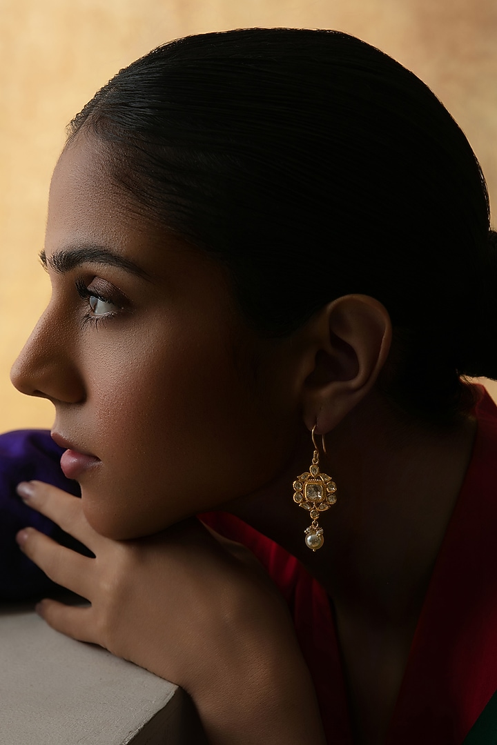 Gold Plated Moissanite & Pearl Jhumka Earrings In Sterling Silver by Varq Jewels at Pernia's Pop Up Shop