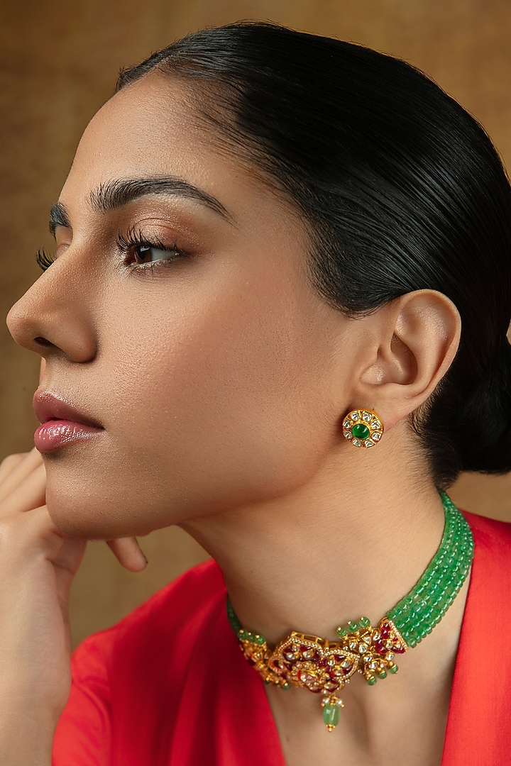 Gold Plated Emerald & Moissanite Stud Earrings In Sterling Silver by Varq Jewels at Pernia's Pop Up Shop