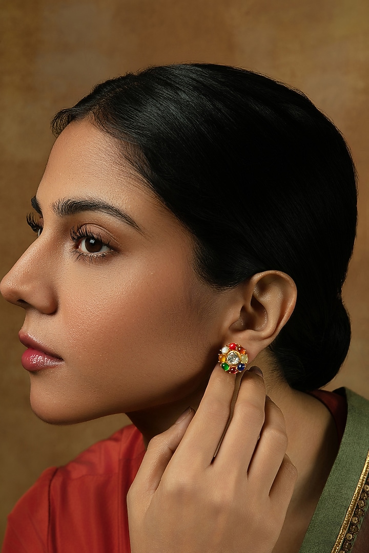 Gold Plated Navratna Stone Stud Earrings In Sterling Silver by Varq Jewels at Pernia's Pop Up Shop