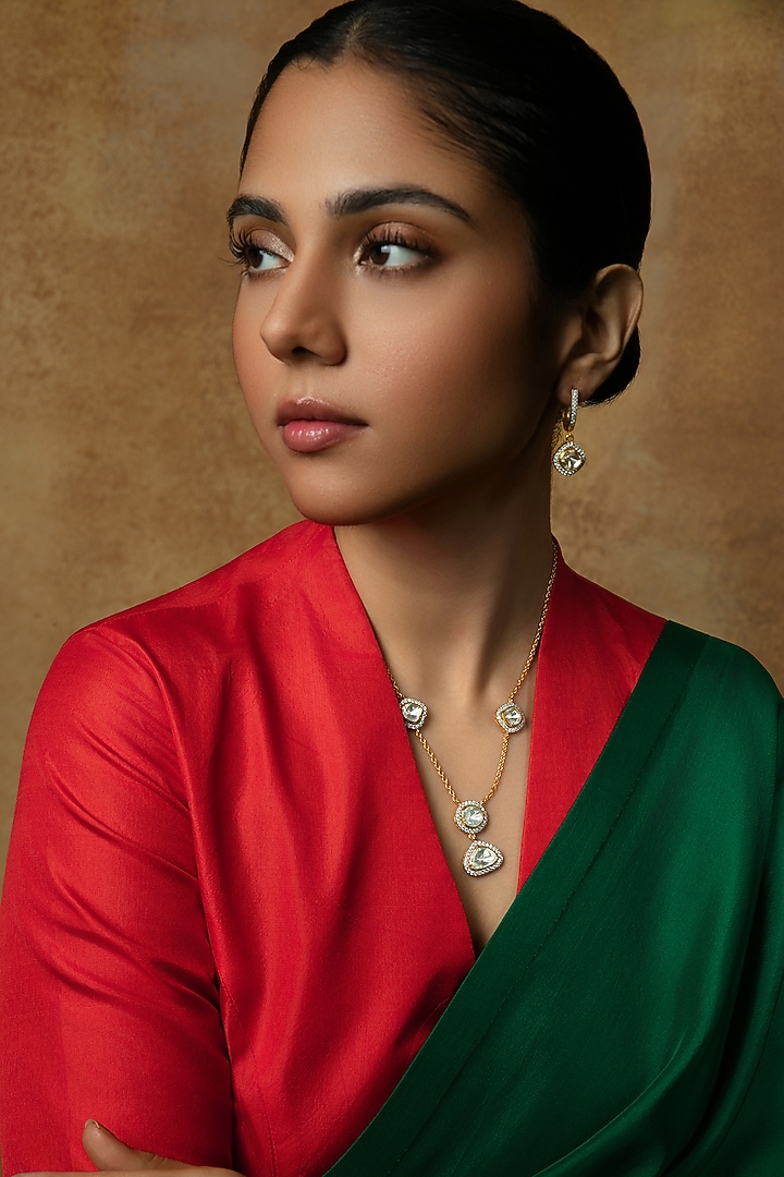 Gold Plated Moissanite & CZ Stone Dangler Earrings In Sterling Silver by Varq Jewels at Pernia's Pop Up Shop