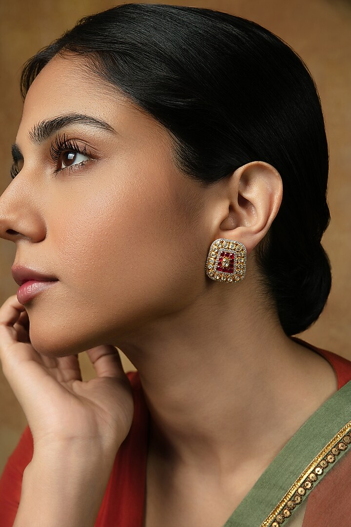 Gold Plated Moissanite Polki & Ruby Stud Earrings In Sterling Silver by Varq Jewels at Pernia's Pop Up Shop