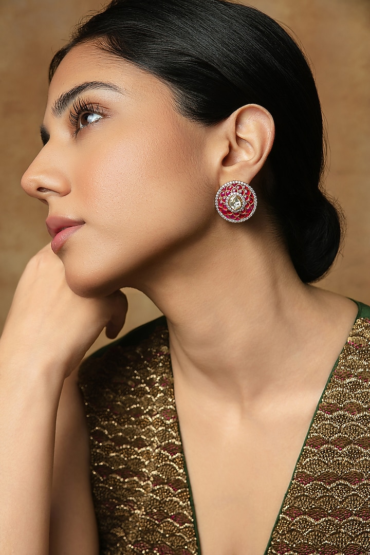 Gold Plated Moissanite Polki & Ruby Stud Earrings In Sterling Silver by Varq Jewels at Pernia's Pop Up Shop