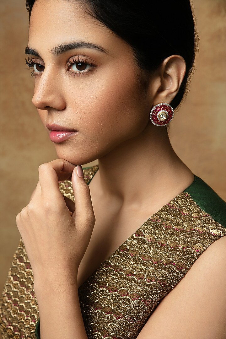 Gold Plated Moissanite Polki & Ruby Stud Earrings In Sterling Silver by Varq Jewels at Pernia's Pop Up Shop