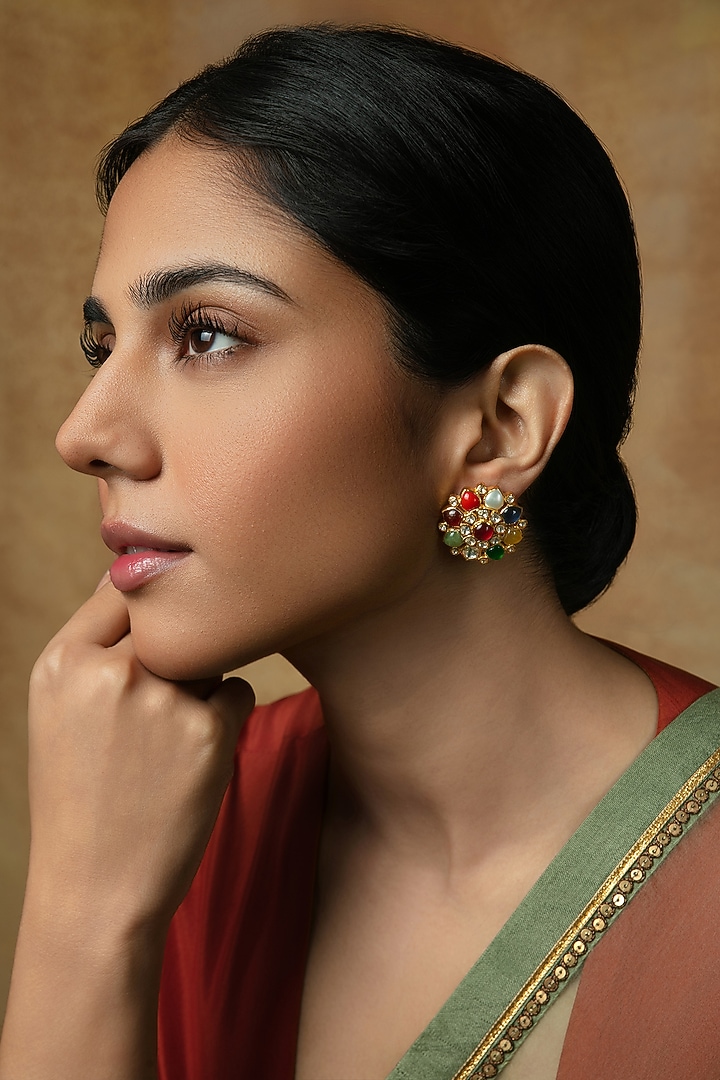 Gold Plated Moissanite Polki & Navratna Stone Stud Earrings In Sterling Silver by Varq Jewels at Pernia's Pop Up Shop