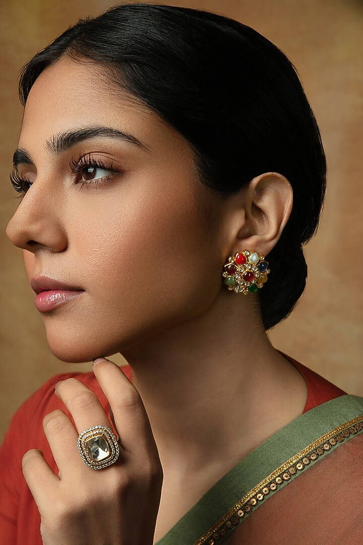 Gold Plated Moissanite Polki & Navratna Stone Stud Earrings In Sterling Silver by Varq Jewels at Pernia's Pop Up Shop