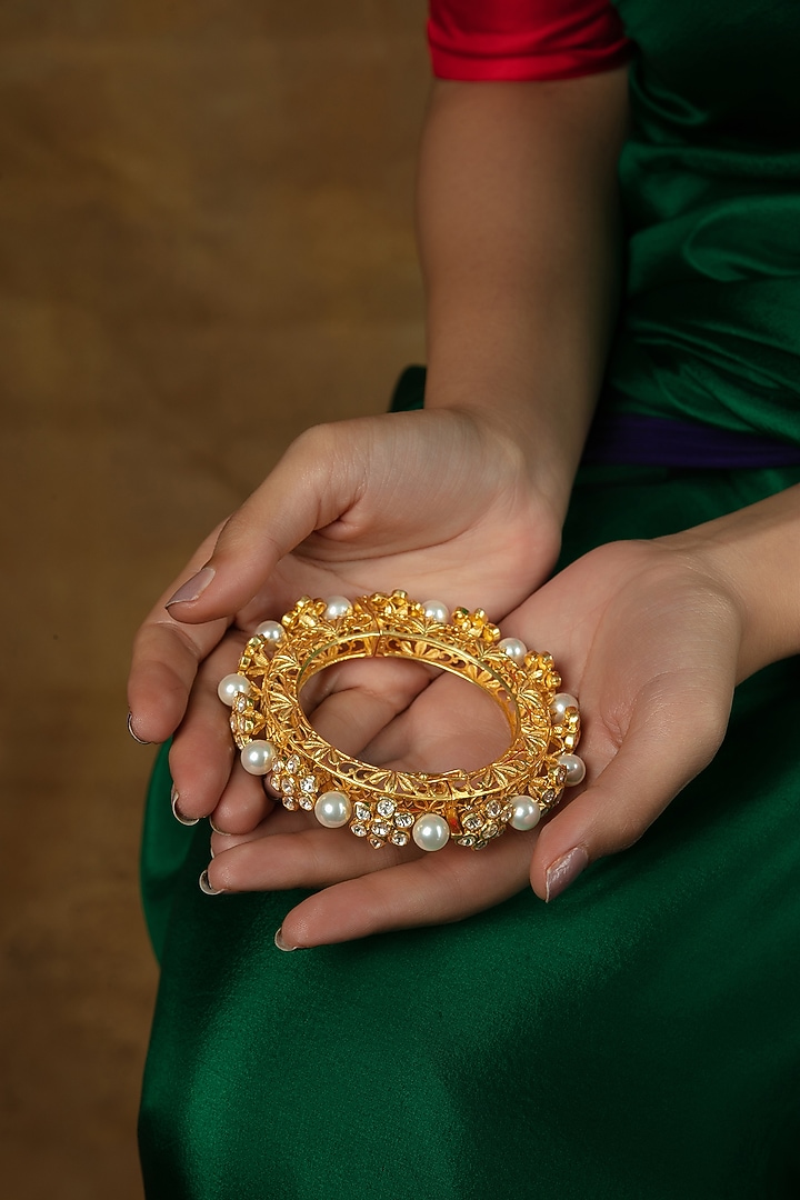 Gold Plated Moissanite Stone & Pearl Kada In Sterling Silver by Varq Jewels at Pernia's Pop Up Shop