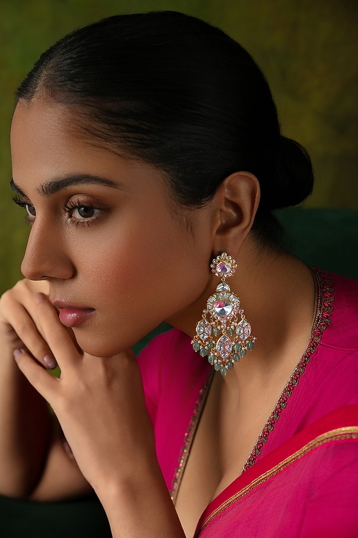 Gold Plated Semi-Precious Drop & Bead Jhumka Earrings In Sterling Silver by Varq Jewels at Pernia's Pop Up Shop