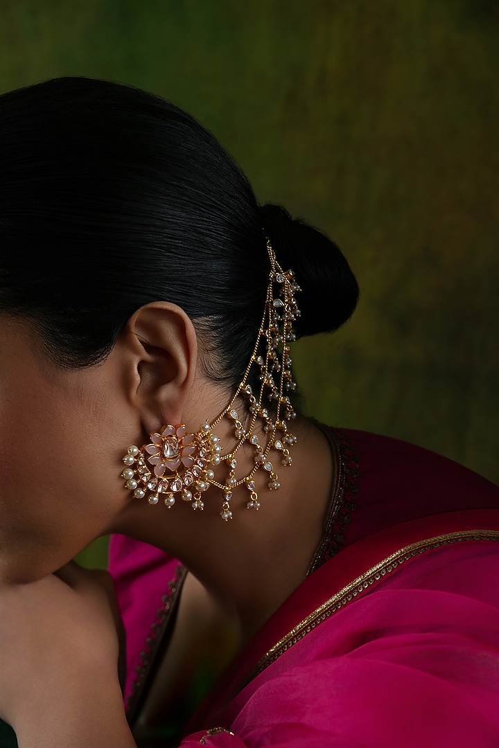 Gold Plated Semi-Precious Stone & Pearl Chandbali Earrings by Varq Jewels at Pernia's Pop Up Shop