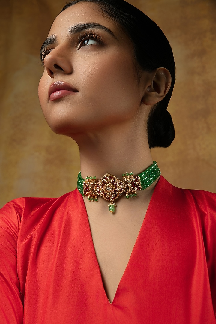 Gold Plated Kundan Polki Choker Necklace In Sterling Silver by Varq Jewels at Pernia's Pop Up Shop
