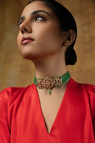 Gold Plated Kundan Polki Choker Necklace In Sterling Silver by Varq Jewels