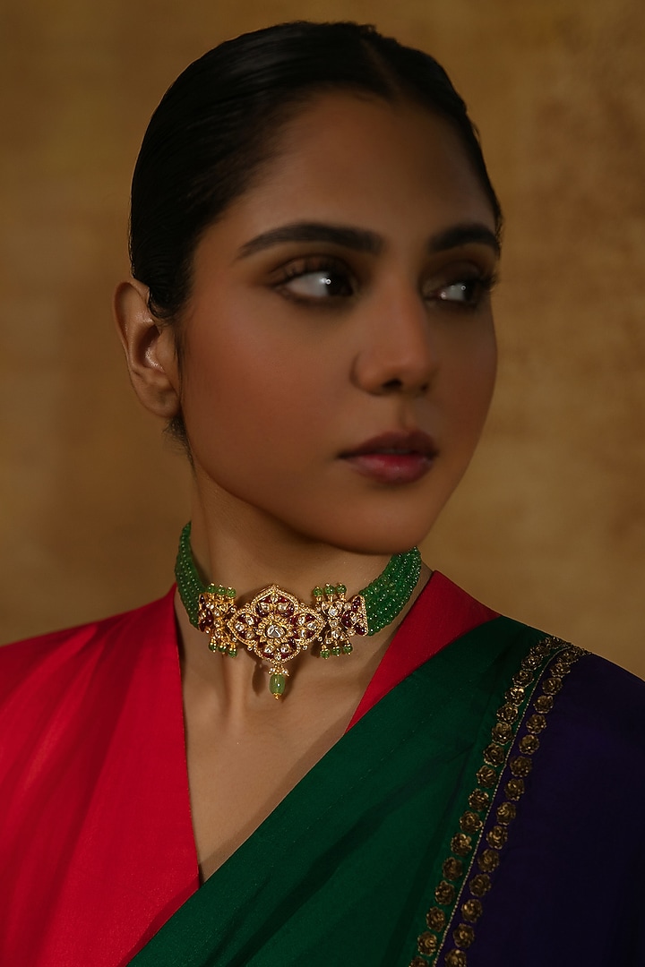 Gold Plated Kundan Polki Choker Necklace In Sterling Silver by Varq Jewels at Pernia's Pop Up Shop
