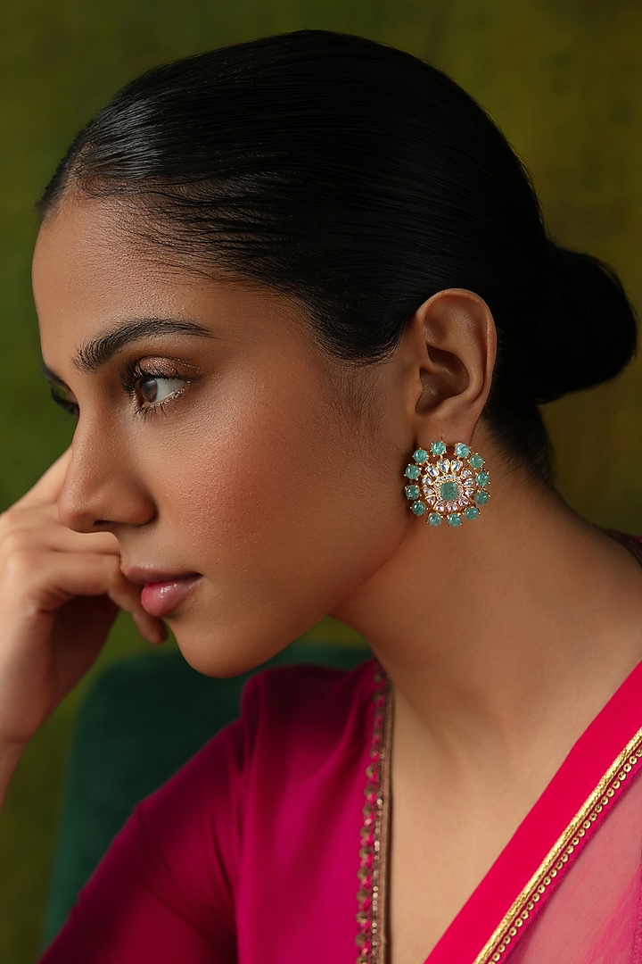 Gold Plated Kundan Polki Stud Earrings In Sterling Silver by Varq Jewels at Pernia's Pop Up Shop