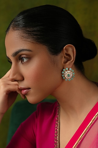 Gold Plated Kundan Polki Stud Earrings In Sterling Silver by Varq Jewels