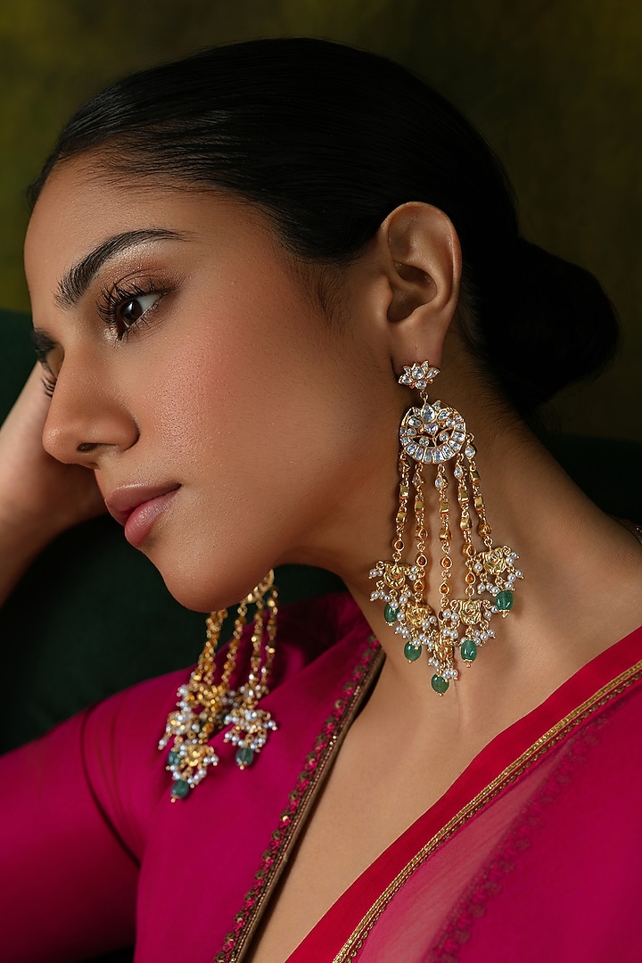 Gold Plated Kundan Polki & Pearl Jhumka Earrings In Sterling Silver by Varq Jewels at Pernia's Pop Up Shop