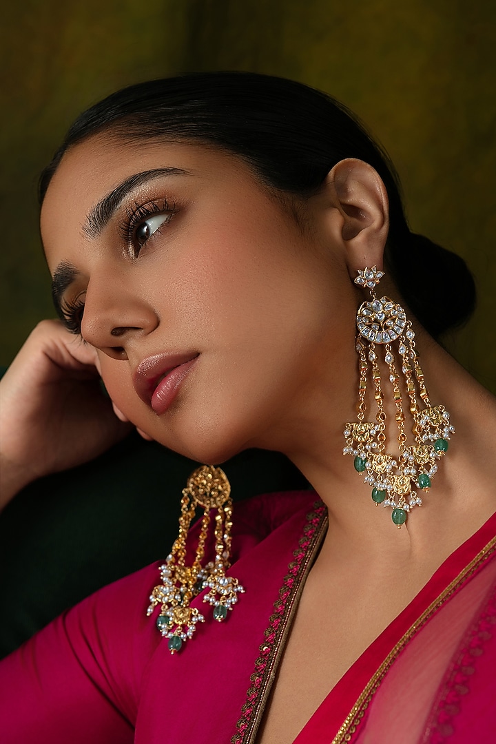 Gold Plated Kundan Polki & Pearl Jhumka Earrings In Sterling Silver by Varq Jewels at Pernia's Pop Up Shop