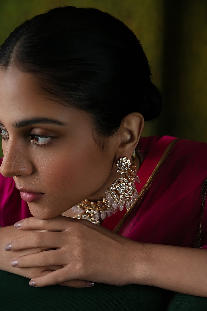 Gold Plated Moissnaite & Rose Quartz Dangler Earrings In Sterling Silver by Varq Jewels at Pernia's Pop Up Shop